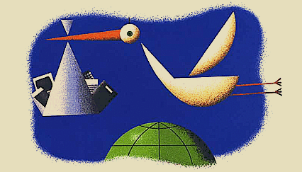 A stork delivering technology over the globe